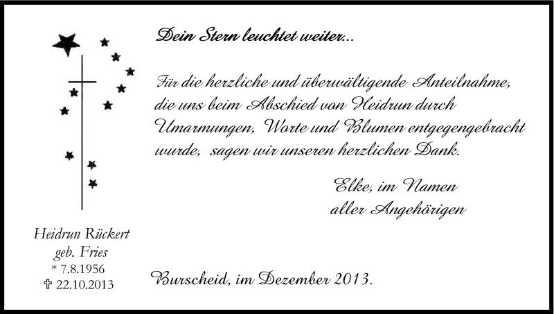  Traueranzeige für Heidrun Rückert vom 07.12.2013 aus Kölner Stadt-Anzeiger / Kölnische Rundschau / Express