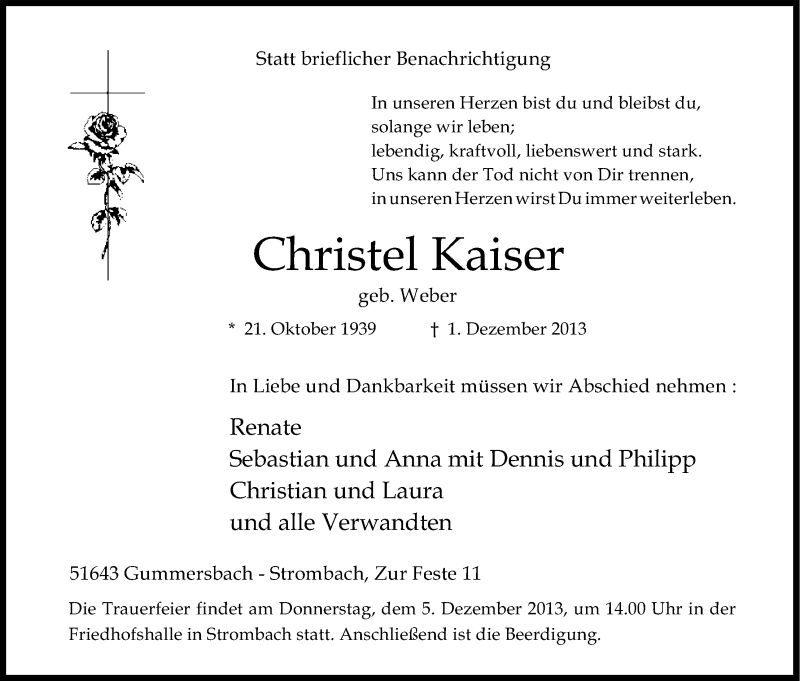  Traueranzeige für Christel Kaiser vom 03.12.2013 aus Kölner Stadt-Anzeiger / Kölnische Rundschau / Express
