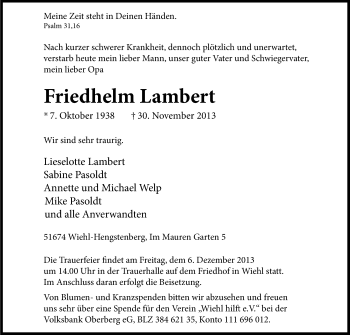 Anzeige von Friedhelm Lambert von Kölner Stadt-Anzeiger / Kölnische Rundschau / Express