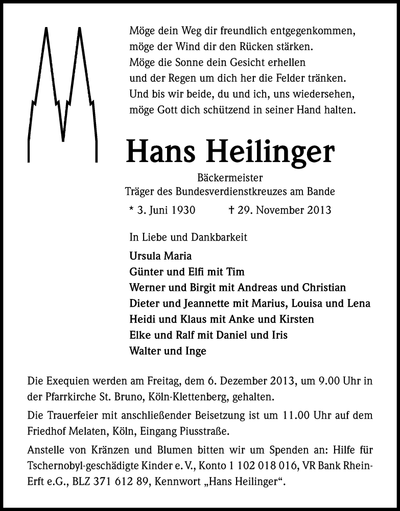  Traueranzeige für Hans Heilinger vom 04.12.2013 aus Kölner Stadt-Anzeiger / Kölnische Rundschau / Express