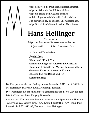 Anzeige von Hans Heilinger von Kölner Stadt-Anzeiger / Kölnische Rundschau / Express