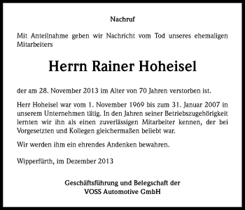 Anzeige von Rainer Hoheisel von Kölner Stadt-Anzeiger / Kölnische Rundschau / Express