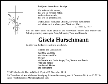 Anzeige von Gisela Hurschmann von Kölner Stadt-Anzeiger / Kölnische Rundschau / Express
