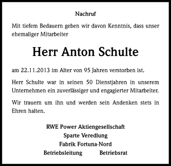 Anzeige von Anton Schulte von Kölner Stadt-Anzeiger / Kölnische Rundschau / Express