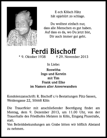 Anzeige von Ferdi Bischoff von Kölner Stadt-Anzeiger / Kölnische Rundschau / Express