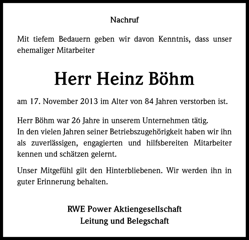  Traueranzeige für Heinz Böhm vom 05.12.2013 aus Kölner Stadt-Anzeiger / Kölnische Rundschau / Express