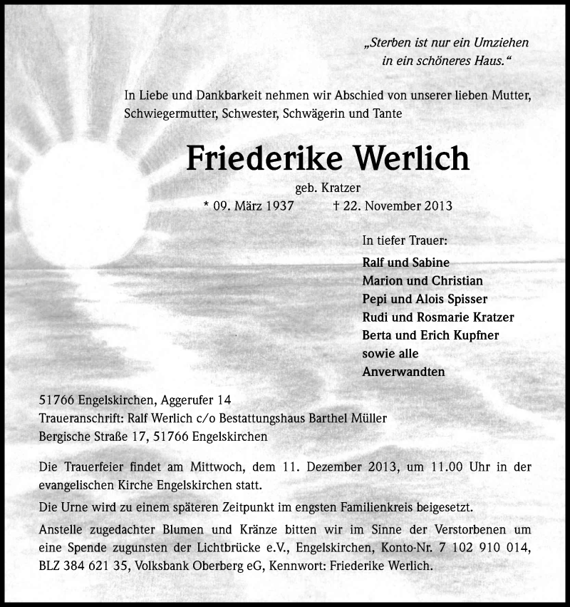  Traueranzeige für Friederike Werlich vom 04.12.2013 aus Kölner Stadt-Anzeiger / Kölnische Rundschau / Express