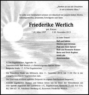 Anzeige von Friederike Werlich von Kölner Stadt-Anzeiger / Kölnische Rundschau / Express
