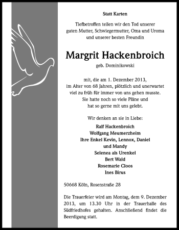 Anzeige von Margrit Hackenbroich von Kölner Stadt-Anzeiger / Kölnische Rundschau / Express