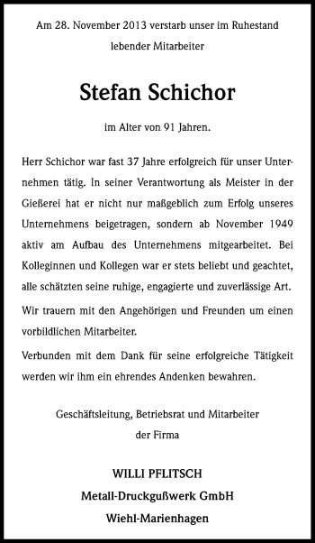 Anzeige von Stefan Schichor von Kölner Stadt-Anzeiger / Kölnische Rundschau / Express