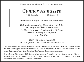 Anzeige von Gunnar Asmussen von Kölner Stadt-Anzeiger / Kölnische Rundschau / Express