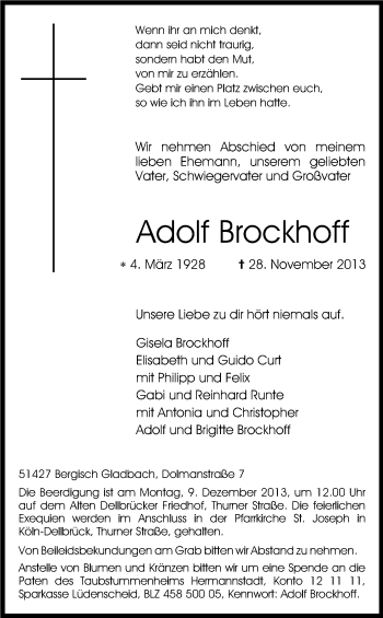 Anzeige von Adolf Brockhoff von Kölner Stadt-Anzeiger / Kölnische Rundschau / Express