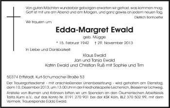 Anzeige von Edda-Margret Ewald von Kölner Stadt-Anzeiger / Kölnische Rundschau / Express