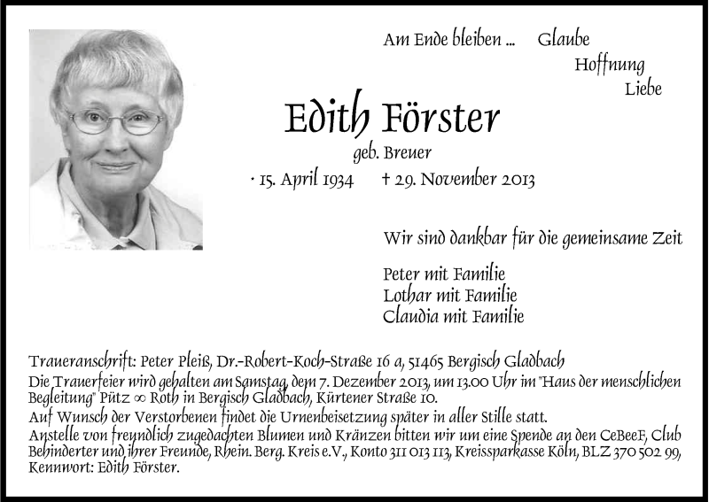  Traueranzeige für Edith Förster vom 04.12.2013 aus Kölner Stadt-Anzeiger / Kölnische Rundschau / Express