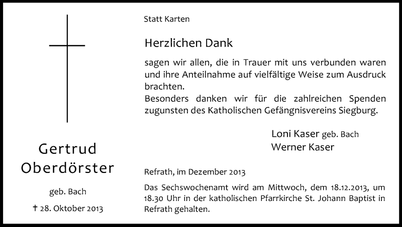  Traueranzeige für Gertrud Oberdörster vom 07.12.2013 aus Kölner Stadt-Anzeiger / Kölnische Rundschau / Express