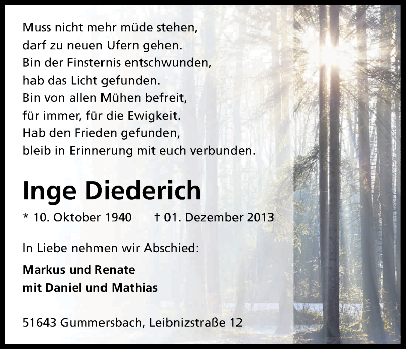  Traueranzeige für Inge Diederich vom 04.12.2013 aus Kölner Stadt-Anzeiger / Kölnische Rundschau / Express