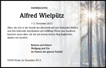 Anzeige von Alfred Wielpütz von Kölner Stadt-Anzeiger / Kölnische Rundschau / Express