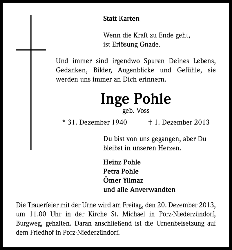  Traueranzeige für Inge Pohle vom 14.12.2013 aus Kölner Stadt-Anzeiger / Kölnische Rundschau / Express