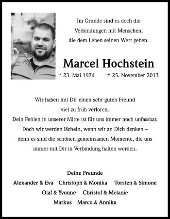 Anzeige von Marcel Hochstein von Kölner Stadt-Anzeiger / Kölnische Rundschau / Express