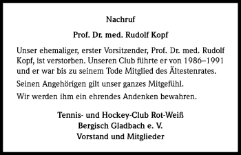 Anzeige von Rudolf Kopf von Kölner Stadt-Anzeiger / Kölnische Rundschau / Express