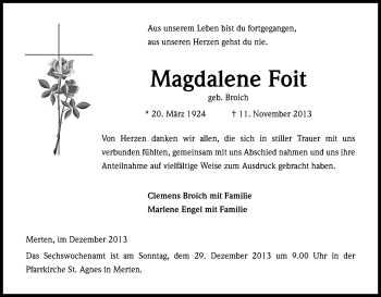 Anzeige von Magdalene Foit von Kölner Stadt-Anzeiger / Kölnische Rundschau / Express