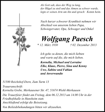 Anzeige von Wolfgang Paesch von Kölner Stadt-Anzeiger / Kölnische Rundschau / Express