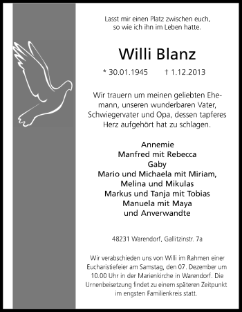Anzeige von Willi Blanz von Kölner Stadt-Anzeiger / Kölnische Rundschau / Express