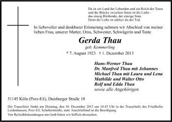 Anzeige von Gerda Thau von Kölner Stadt-Anzeiger / Kölnische Rundschau / Express