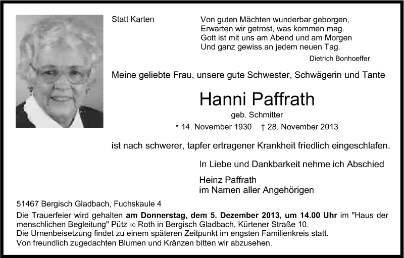  Traueranzeige für Johanna Paffrath vom 04.12.2013 aus Kölner Stadt-Anzeiger / Kölnische Rundschau / Express