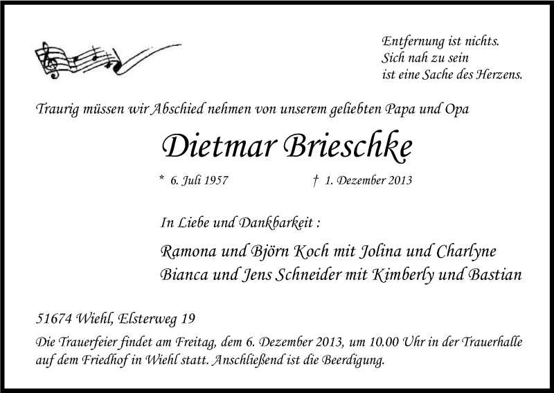  Traueranzeige für Dietmar Brieschke vom 04.12.2013 aus Kölner Stadt-Anzeiger / Kölnische Rundschau / Express