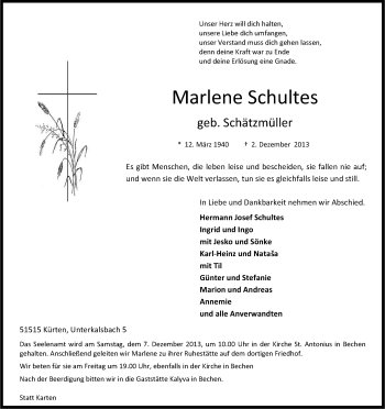Anzeige von Marlene Schultes von Kölner Stadt-Anzeiger / Kölnische Rundschau / Express