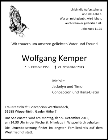 Anzeige von Wolfgang Kemper von Kölner Stadt-Anzeiger / Kölnische Rundschau / Express