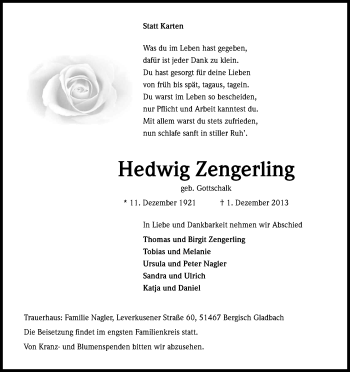 Anzeige von Hedwig Zengerling von Kölner Stadt-Anzeiger / Kölnische Rundschau / Express