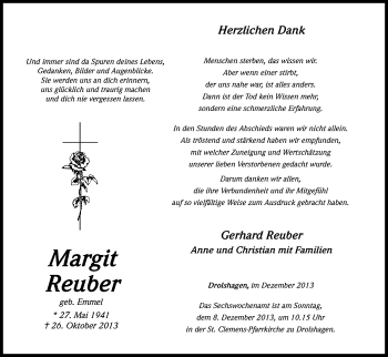 Anzeige von Margit Reuber von Kölner Stadt-Anzeiger / Kölnische Rundschau / Express