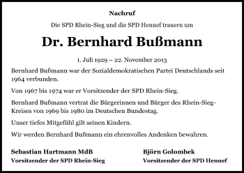 Anzeige von Bernhard Bußmann von Kölner Stadt-Anzeiger / Kölnische Rundschau / Express