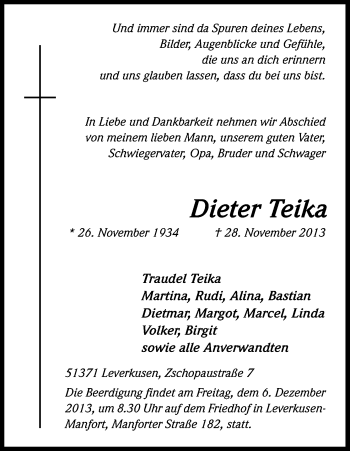 Anzeige von Dieter Teika von Kölner Stadt-Anzeiger / Kölnische Rundschau / Express