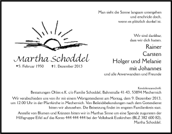 Anzeige von Martha Schoddel von Kölner Stadt-Anzeiger / Kölnische Rundschau / Express
