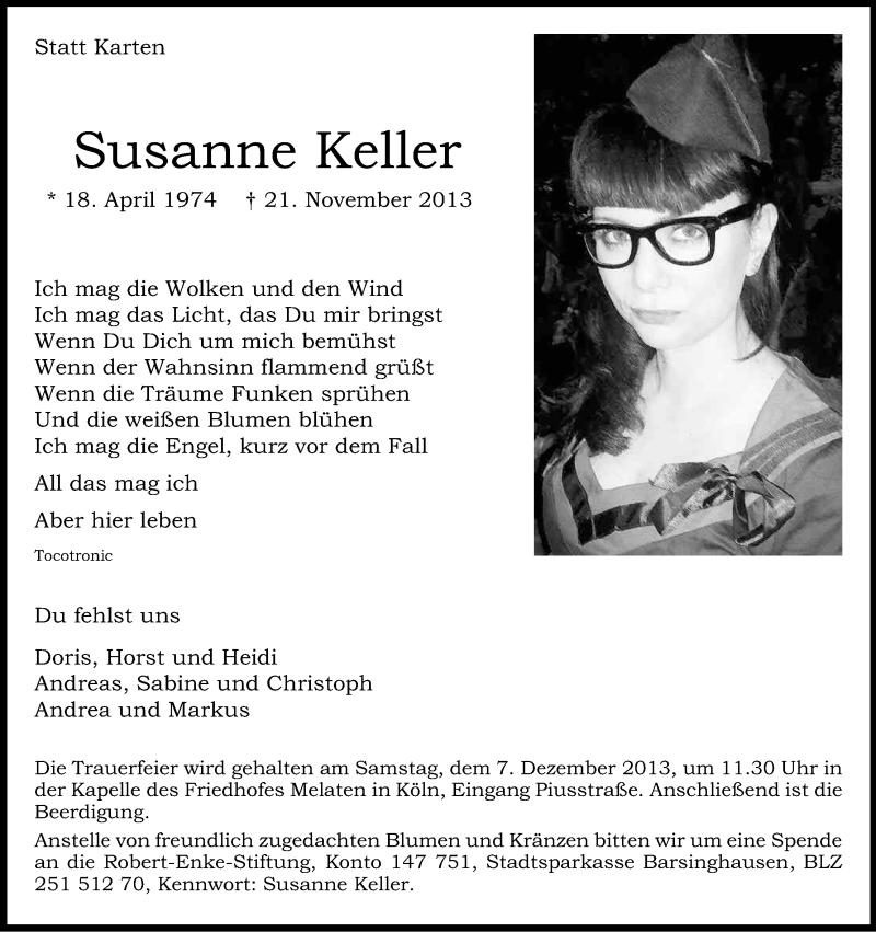  Traueranzeige für Susanne Keller vom 04.12.2013 aus Kölner Stadt-Anzeiger / Kölnische Rundschau / Express