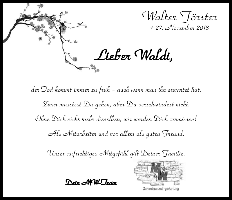  Traueranzeige für Walter Förster vom 05.12.2013 aus Kölner Stadt-Anzeiger / Kölnische Rundschau / Express