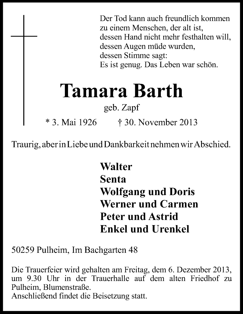  Traueranzeige für Tamara Barth vom 04.12.2013 aus Kölner Stadt-Anzeiger / Kölnische Rundschau / Express