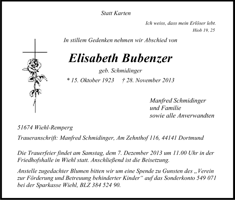  Traueranzeige für Elisabeth Bubenzer vom 04.12.2013 aus Kölner Stadt-Anzeiger / Kölnische Rundschau / Express