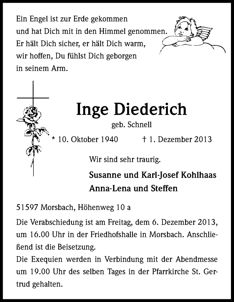  Traueranzeige für Inge Diederich vom 04.12.2013 aus Kölner Stadt-Anzeiger / Kölnische Rundschau / Express