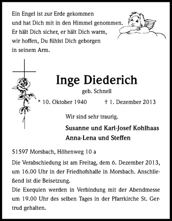Anzeige von Inge Diederich von Kölner Stadt-Anzeiger / Kölnische Rundschau / Express