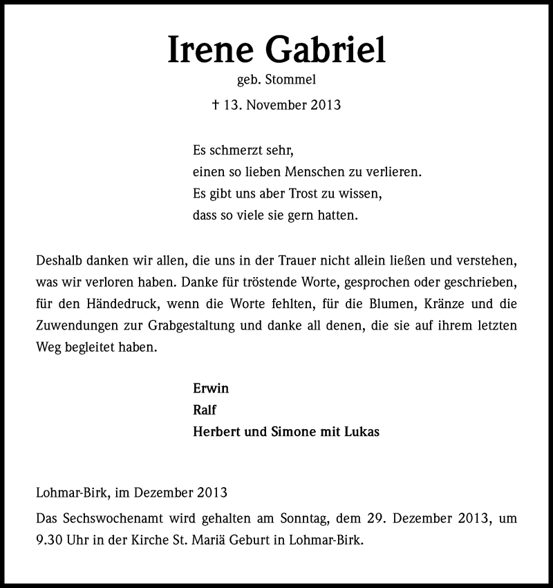  Traueranzeige für Irene Gabriel vom 07.12.2013 aus Kölner Stadt-Anzeiger / Kölnische Rundschau / Express