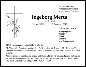 Anzeige von Ingeborg Merta von Kölner Stadt-Anzeiger / Kölnische Rundschau / Express