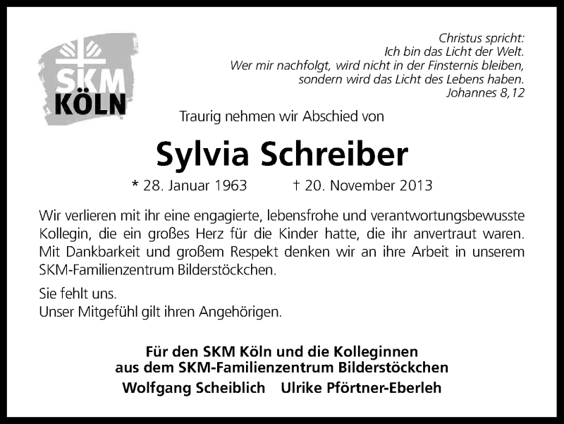  Traueranzeige für Sylvia Schreiber vom 07.12.2013 aus Kölner Stadt-Anzeiger / Kölnische Rundschau / Express