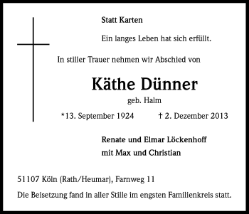 Anzeige von Käthe Dünner von Kölner Stadt-Anzeiger / Kölnische Rundschau / Express