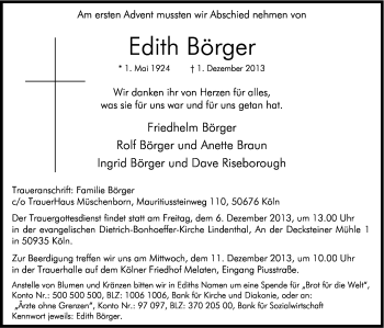Anzeige von Edith Börger von Kölner Stadt-Anzeiger / Kölnische Rundschau / Express