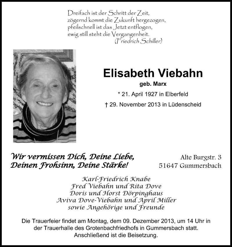  Traueranzeige für Elisabeth Viebahn vom 05.12.2013 aus Kölner Stadt-Anzeiger / Kölnische Rundschau / Express