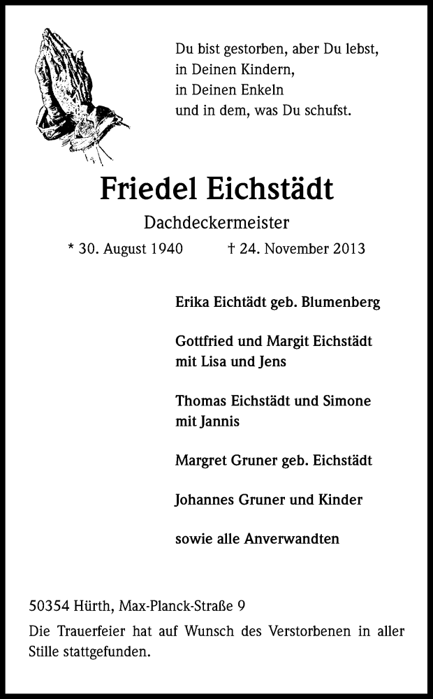  Traueranzeige für Friedel Eichstaedt vom 06.12.2013 aus Kölner Stadt-Anzeiger / Kölnische Rundschau / Express